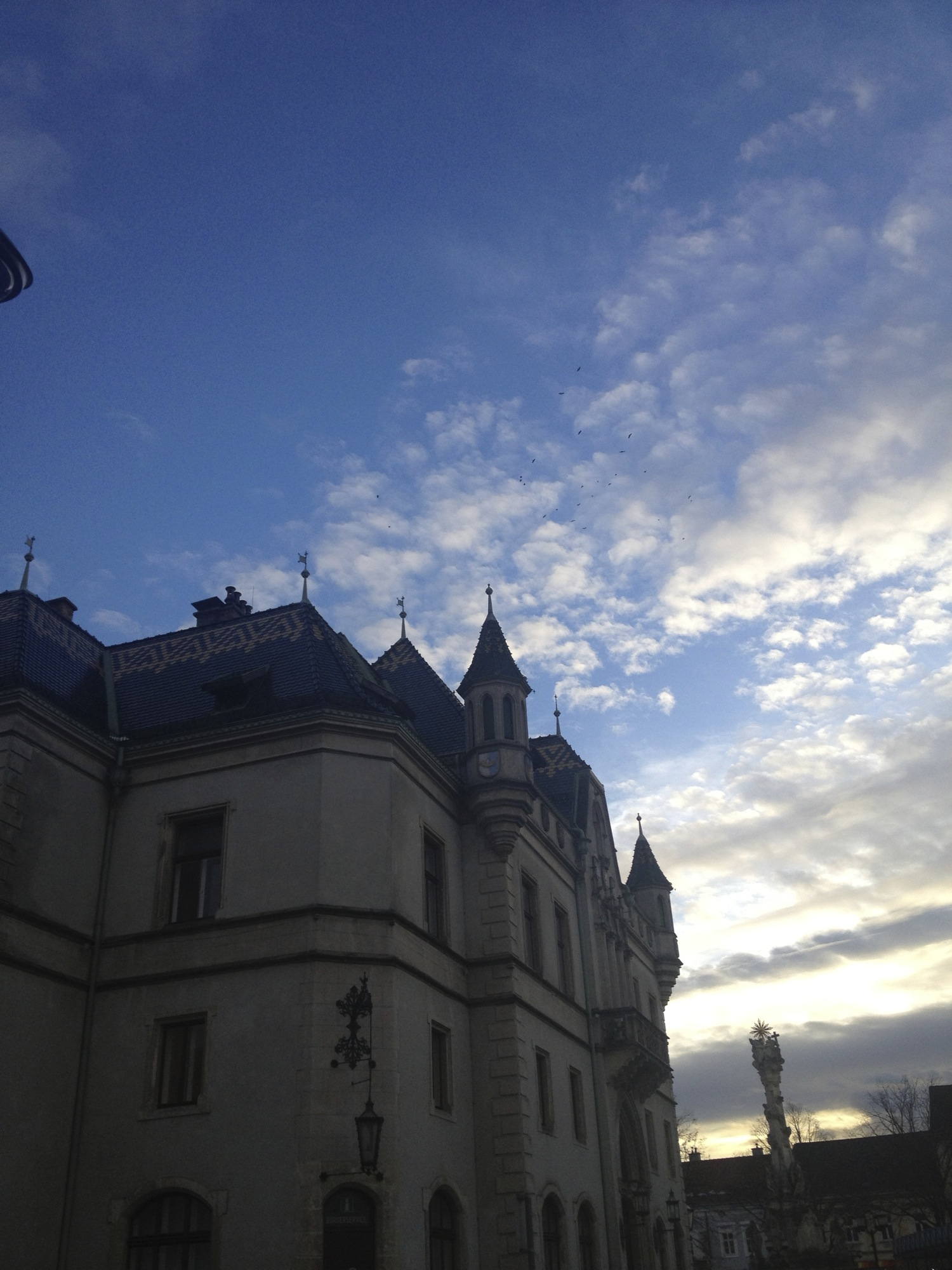 Rathaus Korneuburg mit Wolken und Vogelschwarm