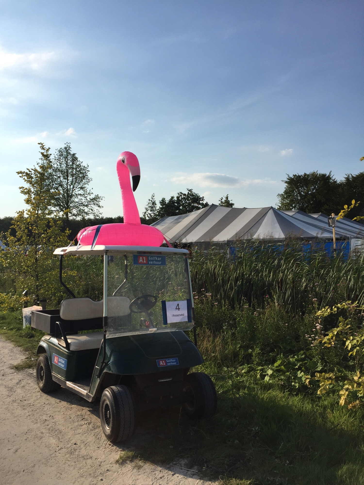 Golf Cart geschmückt mit einem aufblasbaren Flamingo