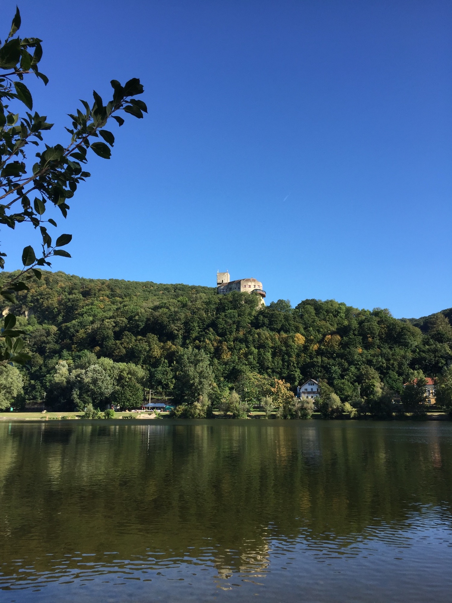 Blick über den Donaualtarm, strahlender Sonnenschein glänzt auf dem Wasser, im Hintergrund erhöht auf dem Berg die Burg Greifenstein