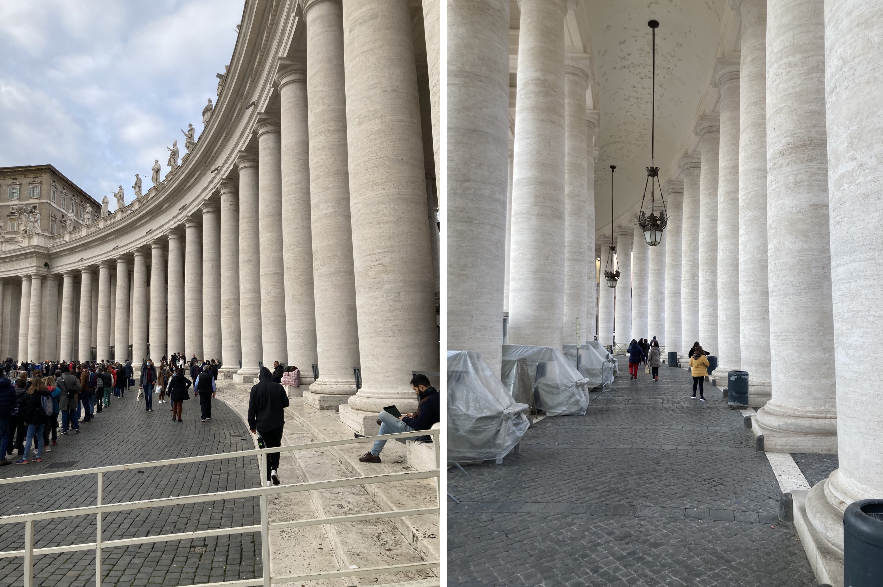 Säulengang rund um den Petersplatz, links von außen mit Menschenschlange, rechts von innen mit Blick auf Hängelampen