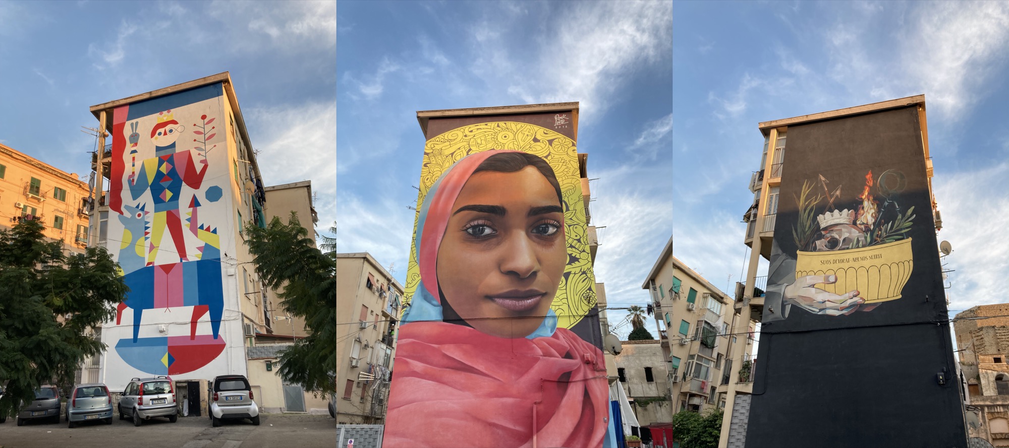 Graffitti an Wohnhäusern in Palermo, links eine grafische Umsetzung eines Artisten auf einem Tier, mittig eine dunkelhäutige Frau mit Kopftuch vor einem Sonnenring, rechts ein Stillleben mit Totenkopf, Feuer und Krone