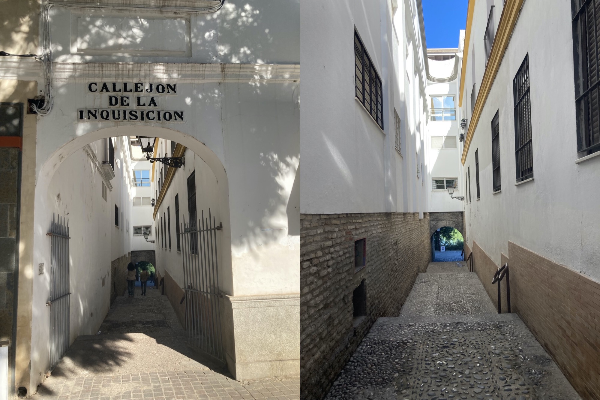 zwei Fotos einer schmalen Gasse, links ist über dem offenen Tor der Schriftzug „Callejon de la Inquisicion“ zu sehen, rechts ein paar Meter weiter in die Gasse hinein, der Boden ist mit Kieselsteinen gepflastert, es gibt nur einen Ausweg