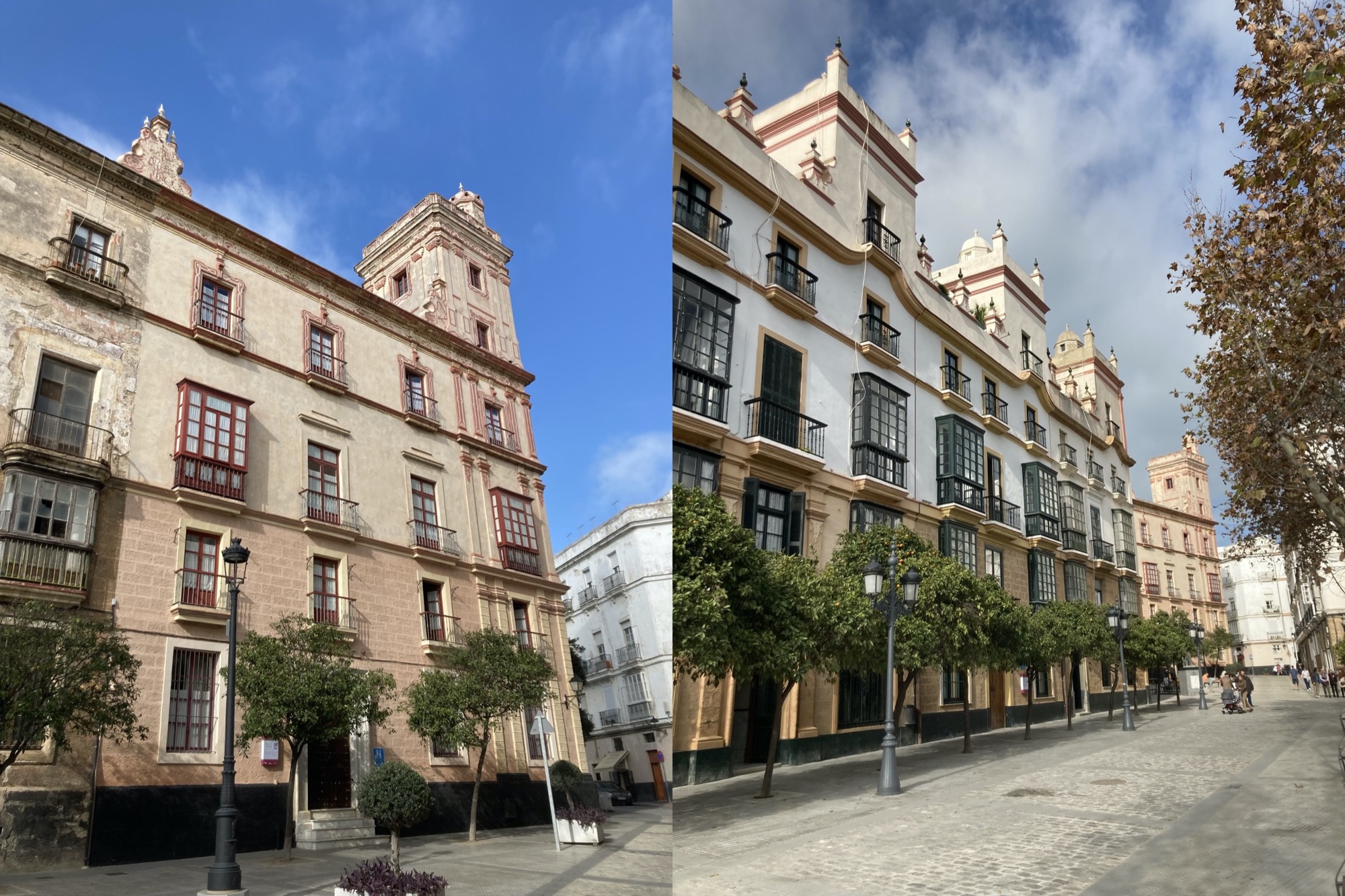historische Häuser mit verzierten Balkonen, Türmen und Ziergiebeln