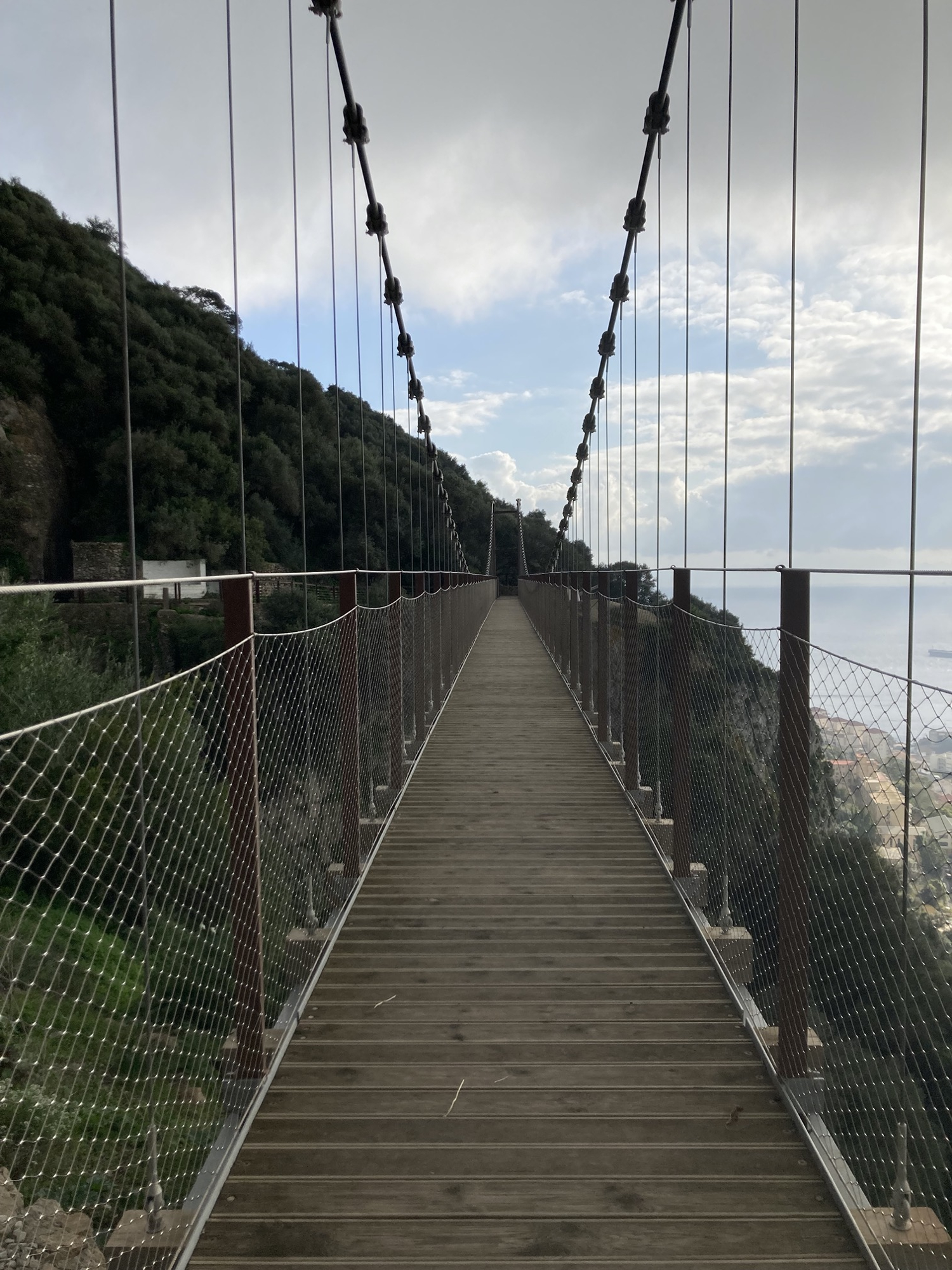 Blick auf die Hängebrücke, die Brücke scheint sich auf dem Foto nahezu ins Unendliche zu entfalten, links der baumbewachsene Felsen von Gibraltar, rechts im Hintergrund das Meer unten in der Bucht