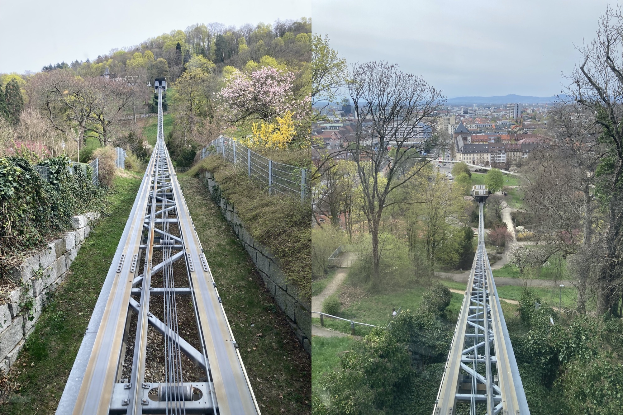 nebeneinander zwei Perspektiven aus der Schlossbergbahn, links von unten nach oben gesehen, neben der Strecke blühende Bäume und Sträucher, rechts von oben nach unten gesehen, im Hintergrund die Freiburger Innenstadt