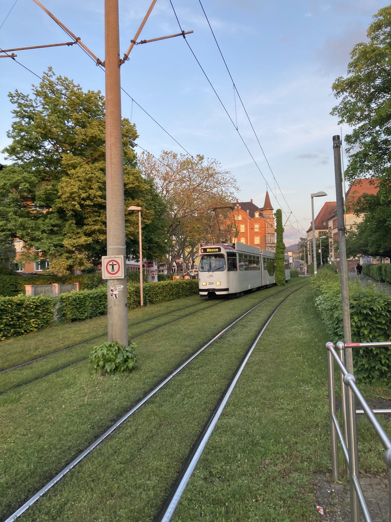 eine weiße Straßenbahn der Linie 4 Richtung Messe fährt auf die Fotografin zu, das Licht ist abendlich, zwischen den Gleisen wächst Gras (Rasengleis)