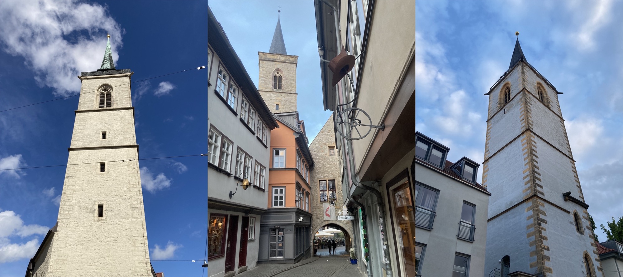 nebeneinander 3 Fotos von Türmen in der Innenstadt von Erfurt