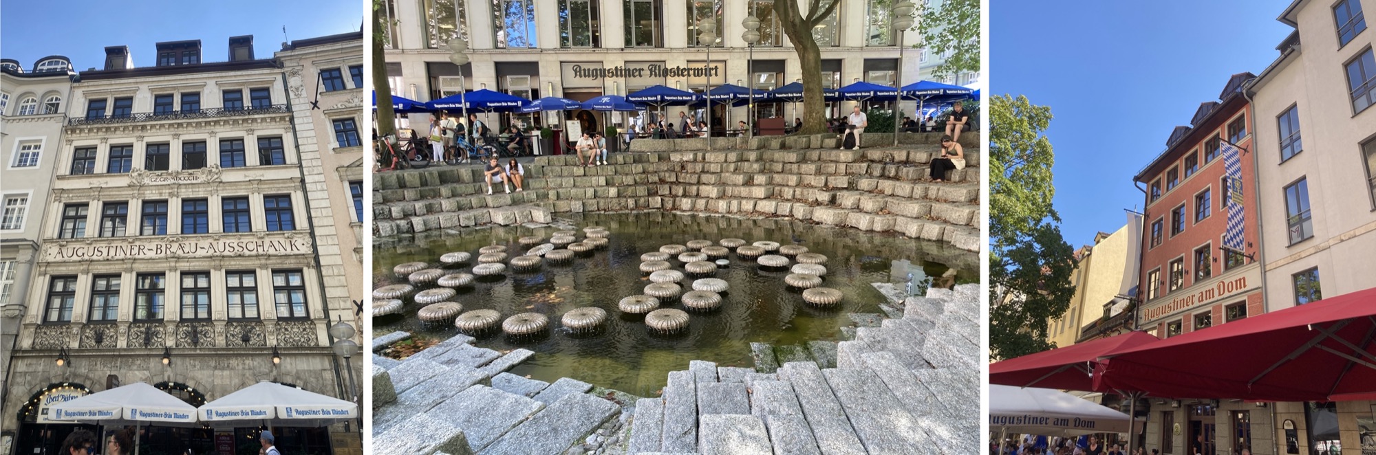 nebeneinander drei Fotos von Augustiner-Lokalen, links ein vierstöckiges hell gestrichenes Stadthaus mit der Aufschrift „Augustiner-Bräu-Ausschank“, mittig ein Brunnen, in dem Steine wie Pilze zu wachsen scheinen, dahinter die blauen Sonnenschirme des „Augustiner Klosterwirt“, rechts ein rot gestrichenes Stadthaus mit iner Bayern-Flagge und der Aufschrift „Augustiner am Dom“