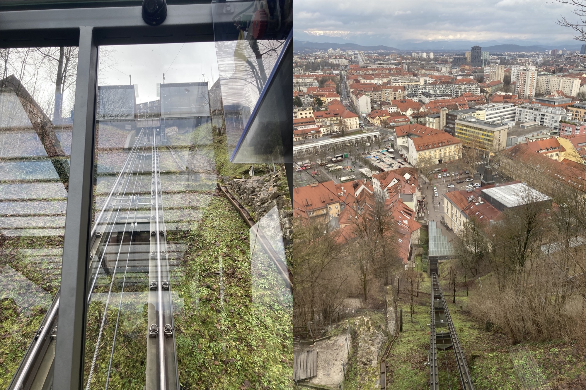 2 Bilder nebeneinander, links: Ausblick aus der Kabine der Zahnradbahn nach oben, die Zugvorrichtung auf den Gleisen, dahinter die Bergstation, rechts: Ausblick aus der Kabine der Zahnradbahn nach unten, Innenstadt mit links mittig dem zentralen Marktplatz