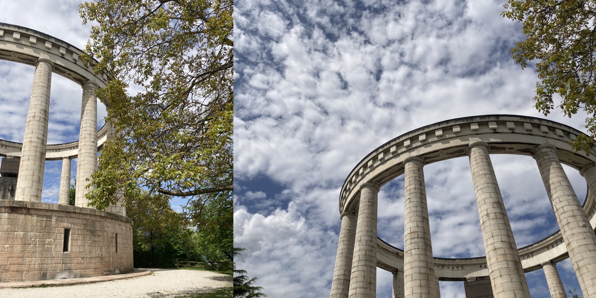 zwei Bilder vom Mausoleum Doss Trento, links eine seitliche Aufnahme vom menschenhohen Sockel und vier der Säulen, die einen Ring bilden, rechts die Säulen von einem Ring gekrönt vor blaumen, leicht bewölktem Himmel