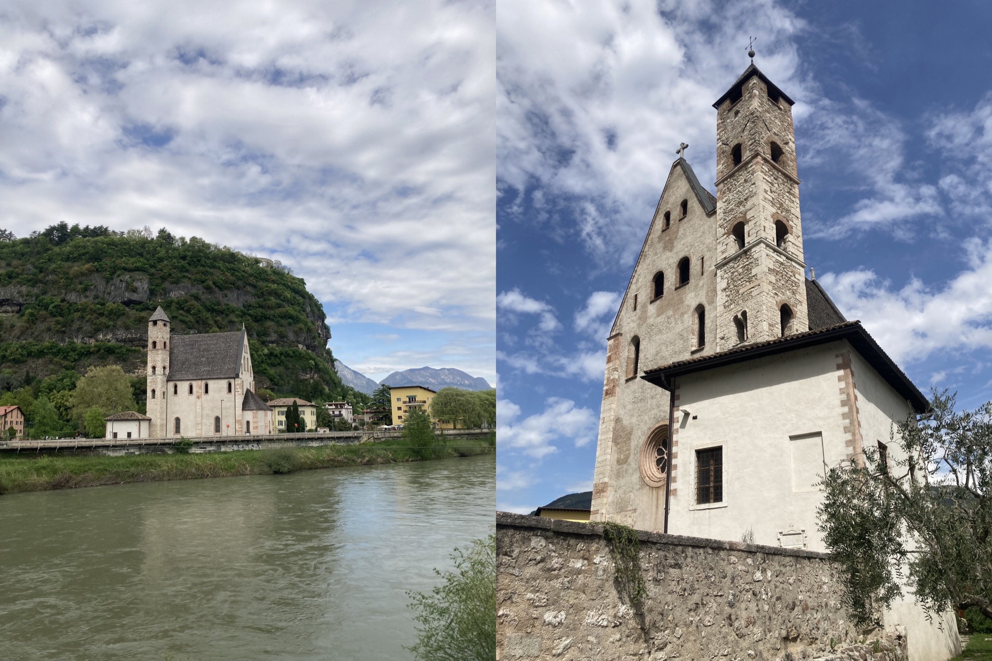 zwei Fotos derselben Kirche nebeneinander, links die Ansicht der Kirche seitlich mit dem Fluss Adige im Vordergrund, rechts die Kirche näher und von der Vorderseite, neben dem Eingangsportal ragt ein dreistöckiger Turm Richtung Himmel