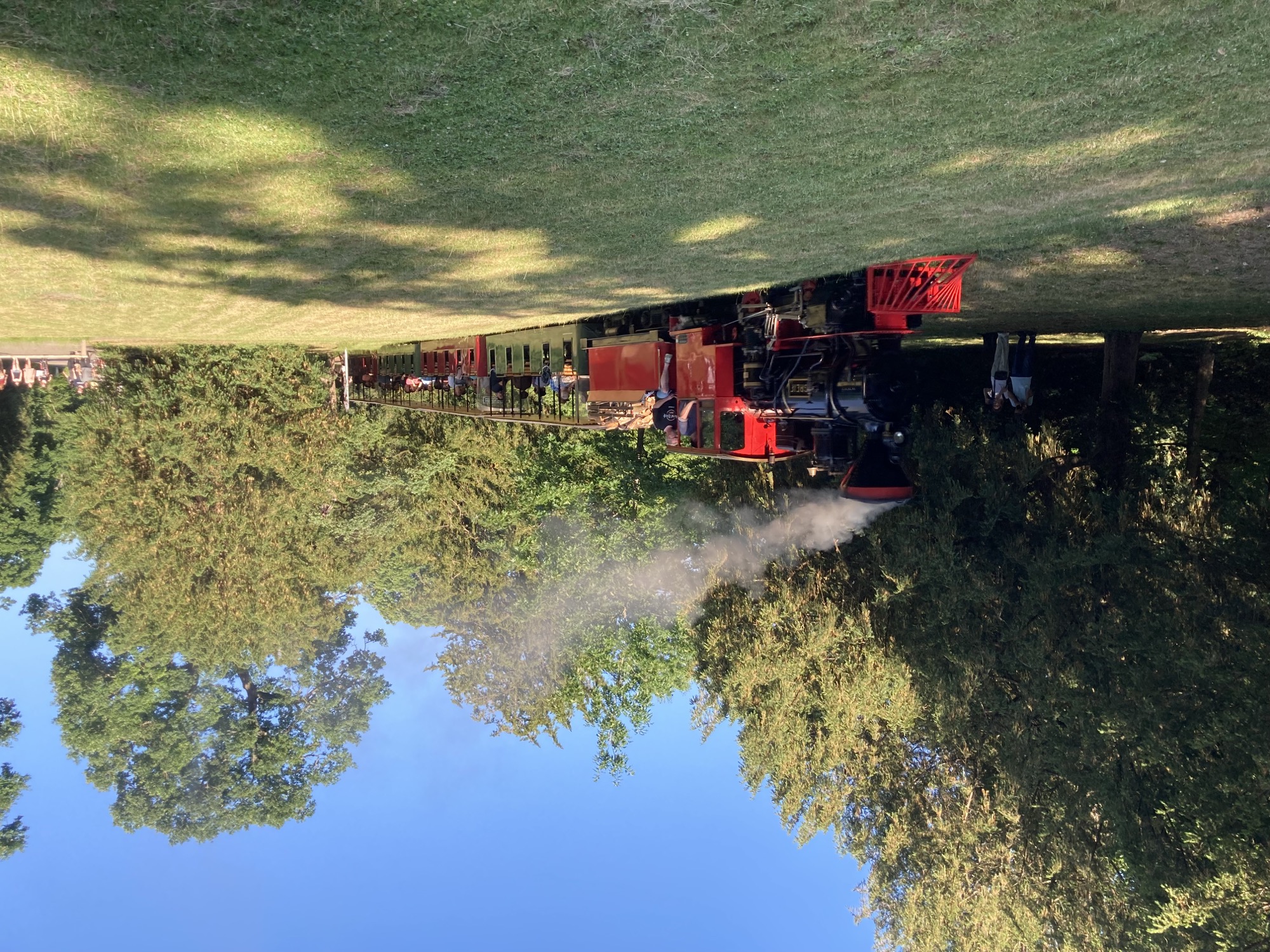 eine rot-schwarze Dampflok in Fahrt durch einen Garten mit Wiese und Wald, aus dem Schlot raucht es, hinter der Lok einige Waggons mit Personen darin