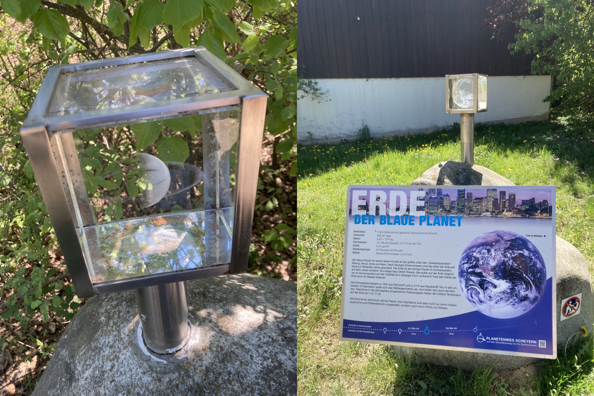 zwei hochformatige Bilder nebeneinander, links: ein Glaswürfel mit Metallkanten, im Innenraum des Würfels scheint der Planet Saturn (erkennbar am Ring) zu schweben, es ist nur die rechte Seite des Planeten zu sehen, es schimmern die Pflanzen hinter dem Glaswürfel durch, rechts: ein Stein mit einem Glaswürfel darauf, darin ist ein größerer transparenter Planet zu sehen, er füllt den Würfel beinahe aus, das Schild darunter weist den Planeten als „Erde – der blaue Planet“ aus