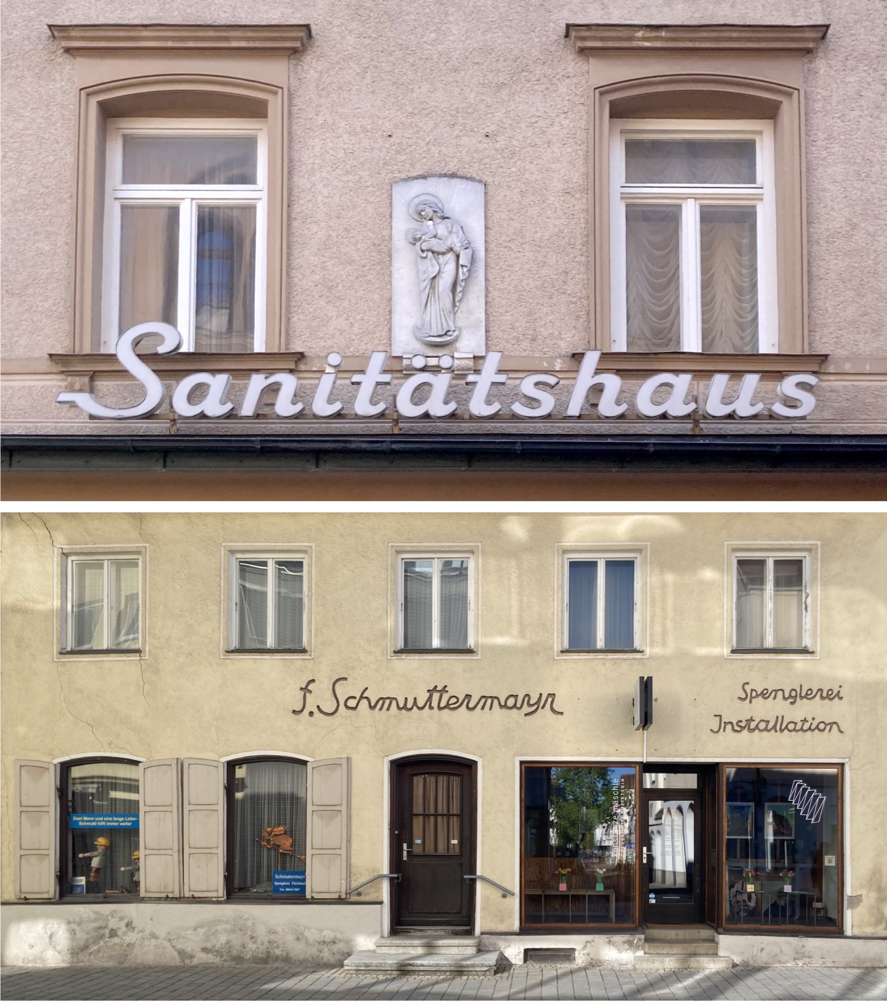 zwei Fotos mit Stadtansichten, oben: Schriftzug „Sanitätshaus“ in einer geschwungenen, eleganten, weißen Schriftart, darüber ein Heiligenbild an der Hauswand, unten: Hausfassade mit dem Schriftzug „f. Schmuttermayr“, weiter rechts „Spenglerei Installation“, die Schrift wirkt wie eine frei gezeichnete Schreibschrift