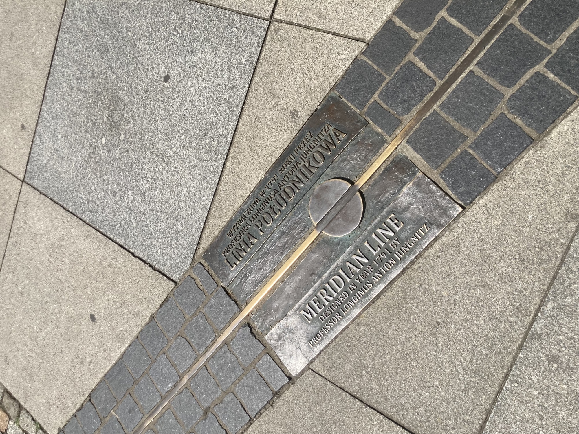 Linie zwischen Pflastersteinen auf dem Boden, beschriftet mit "MERIDIAN LINE – DESIGNED IN YEAR 1791 BY PROFESSOR LONGINUS ANTON JUNGNITZ"