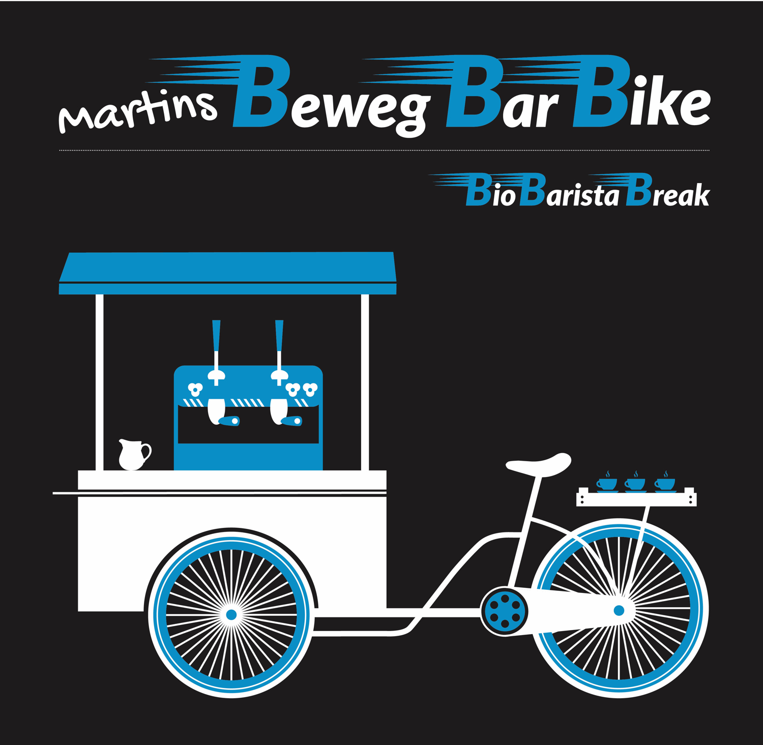 Logo Martin's BewegBarBike, Motiv Coffeebike weiß und blau auf schwarz
