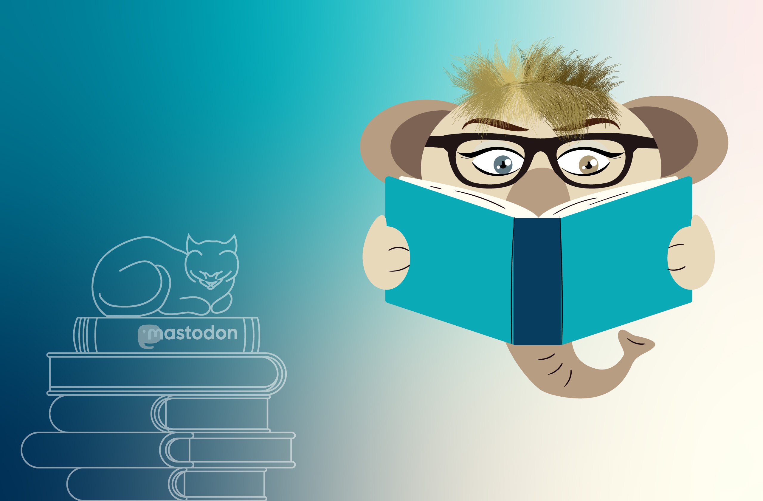 Key Visual links: Katze auf Bücherstapel mit Mastodon-Logo, rechts: Mastodon mit Buch und Brille